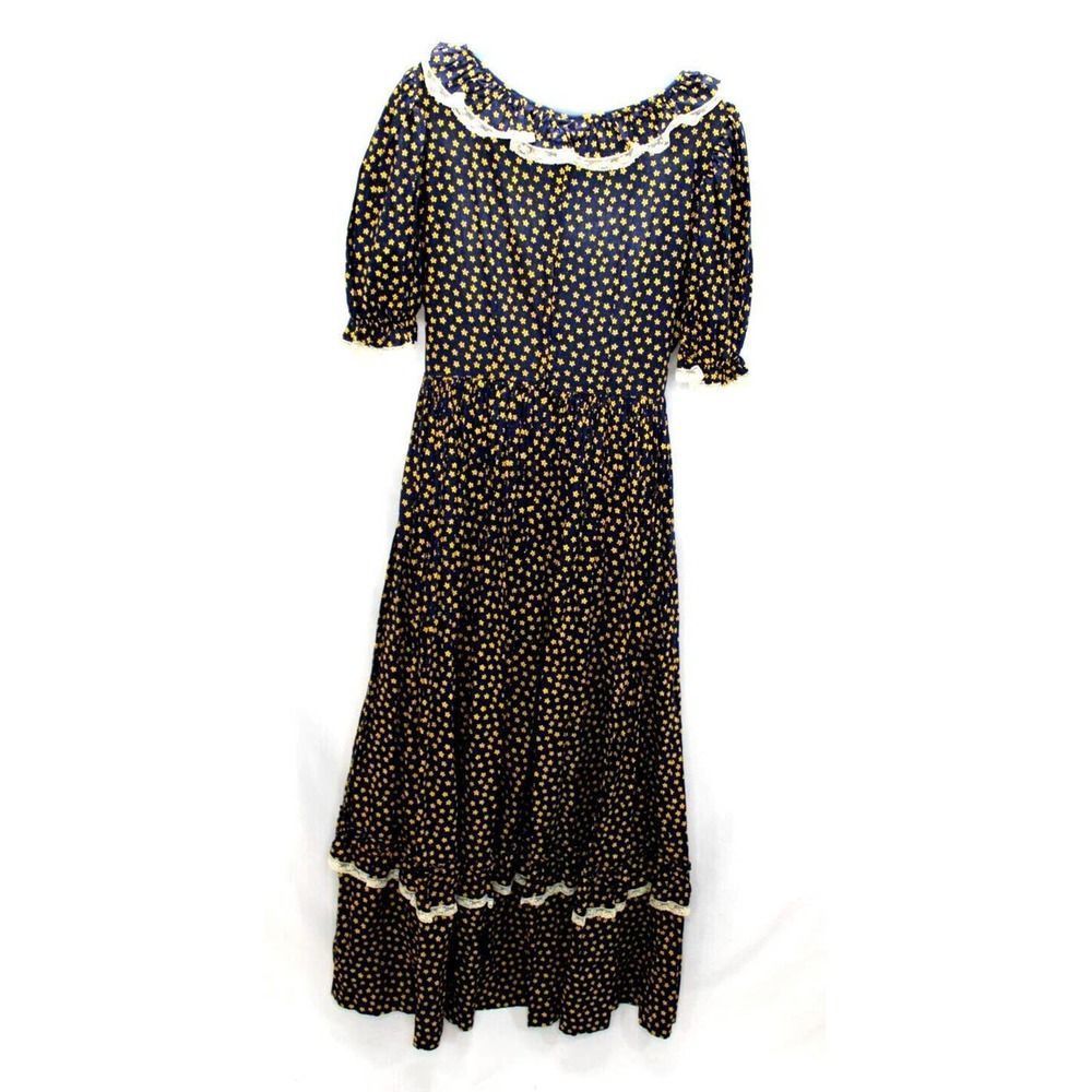 Cottage Core Long Dress Country Victorian Style Lace Seam Navy Blue Floral Print - Picture 2 of 10